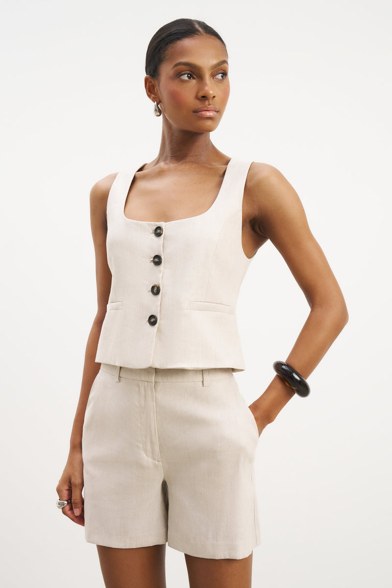 Scoop Neck Linen Waistcoat - Birch
