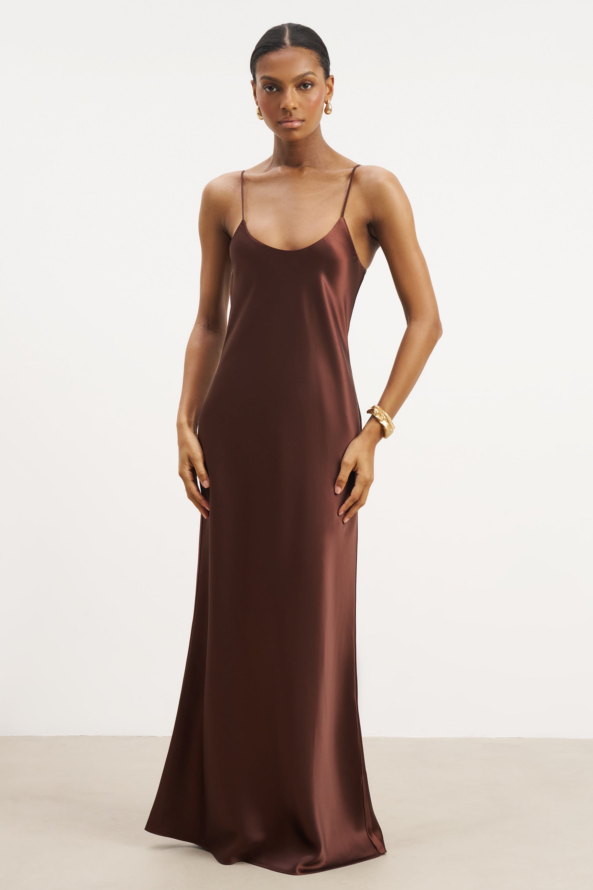 Satin Scoop Neck Camisole Maxi Dress - Carob Satin Scoop Neck Camisole Maxi Dress - Carob