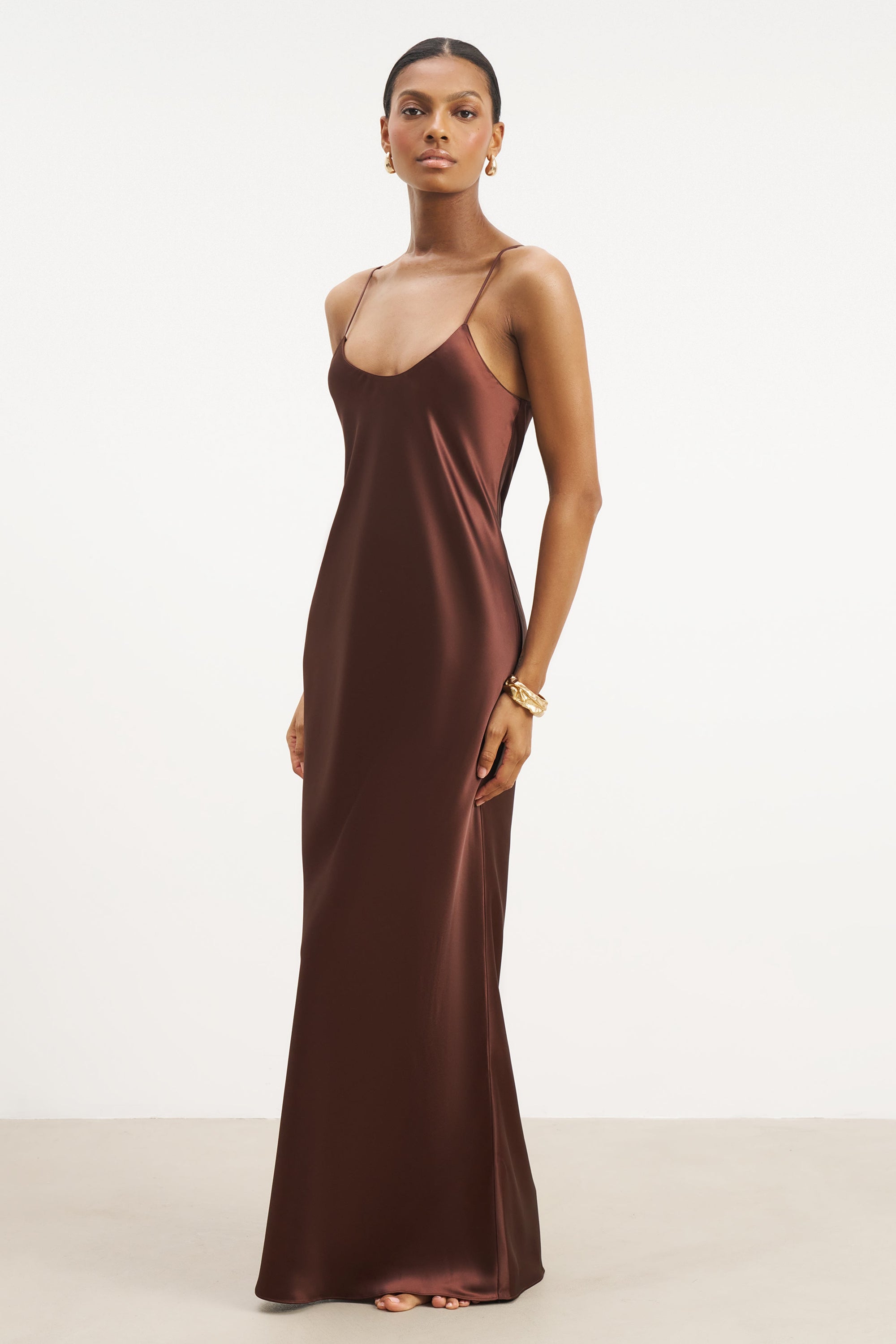 Satin Scoop Neck Camisole Maxi Dress - Carob Satin Scoop Neck Camisole Maxi Dress - Carob
