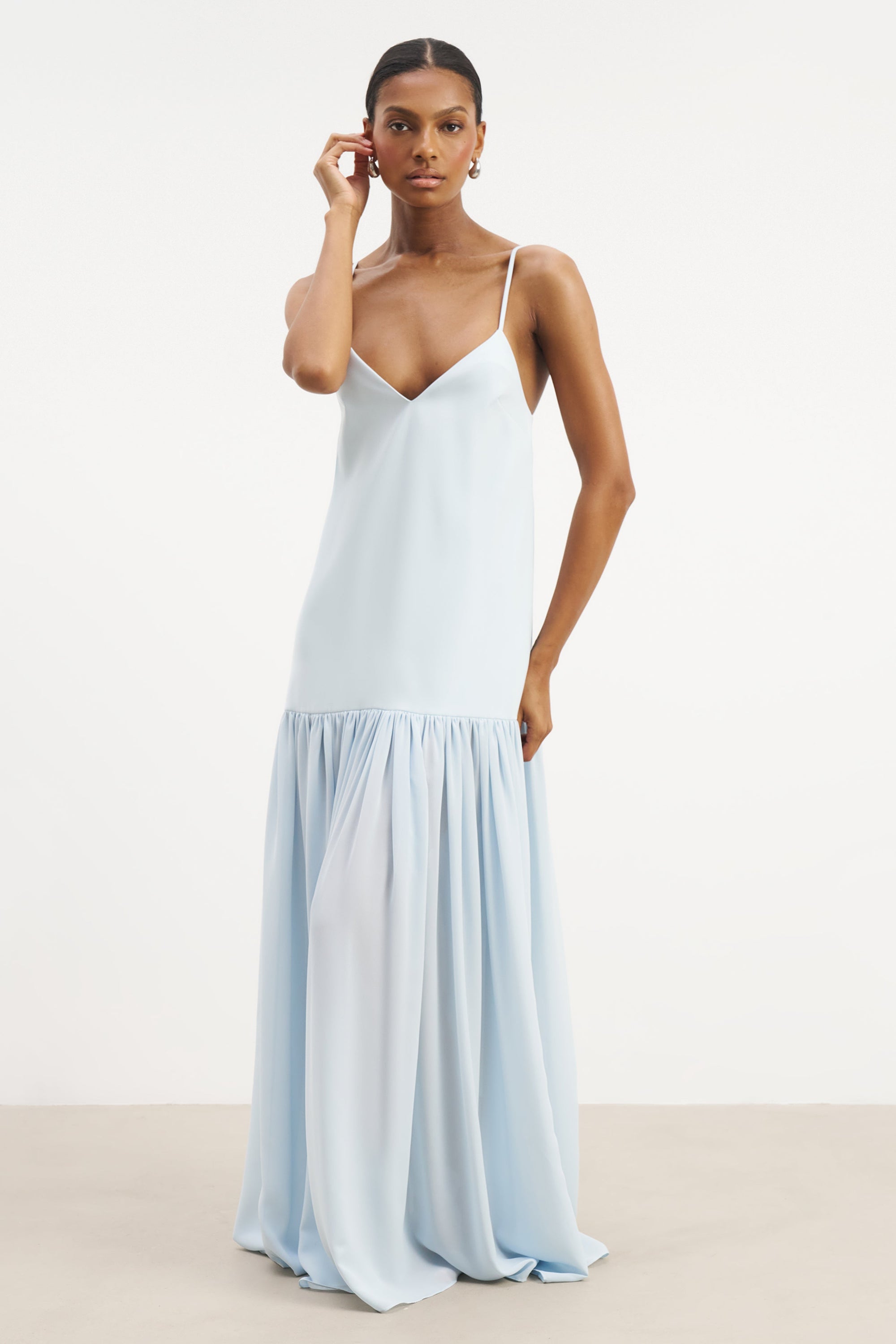 Flowing Dropped Waist Maxi Dress - Powder Blue Flowing Dropped Waist Maxi Dress - Powder Blue
