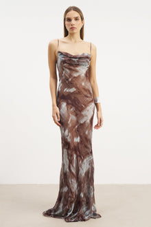 Ruched Chiffon Maxi Dress - Blue Marble