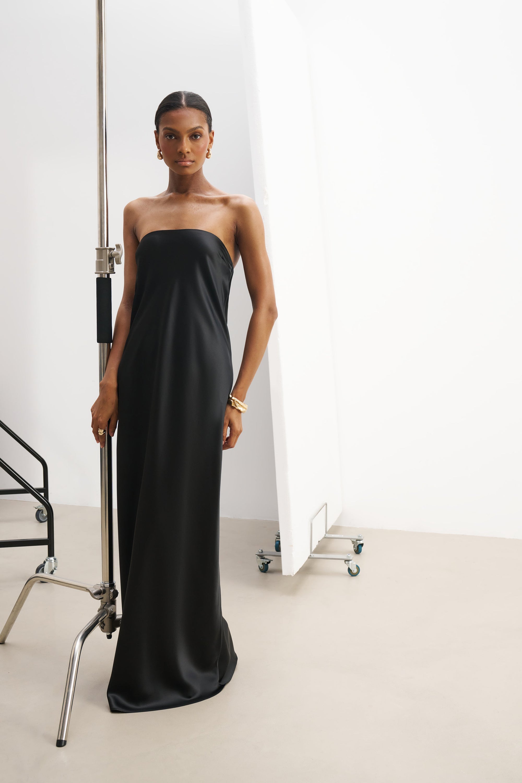 because of alice black dress Satin Jacquard Strapless Maxi Dress - Black