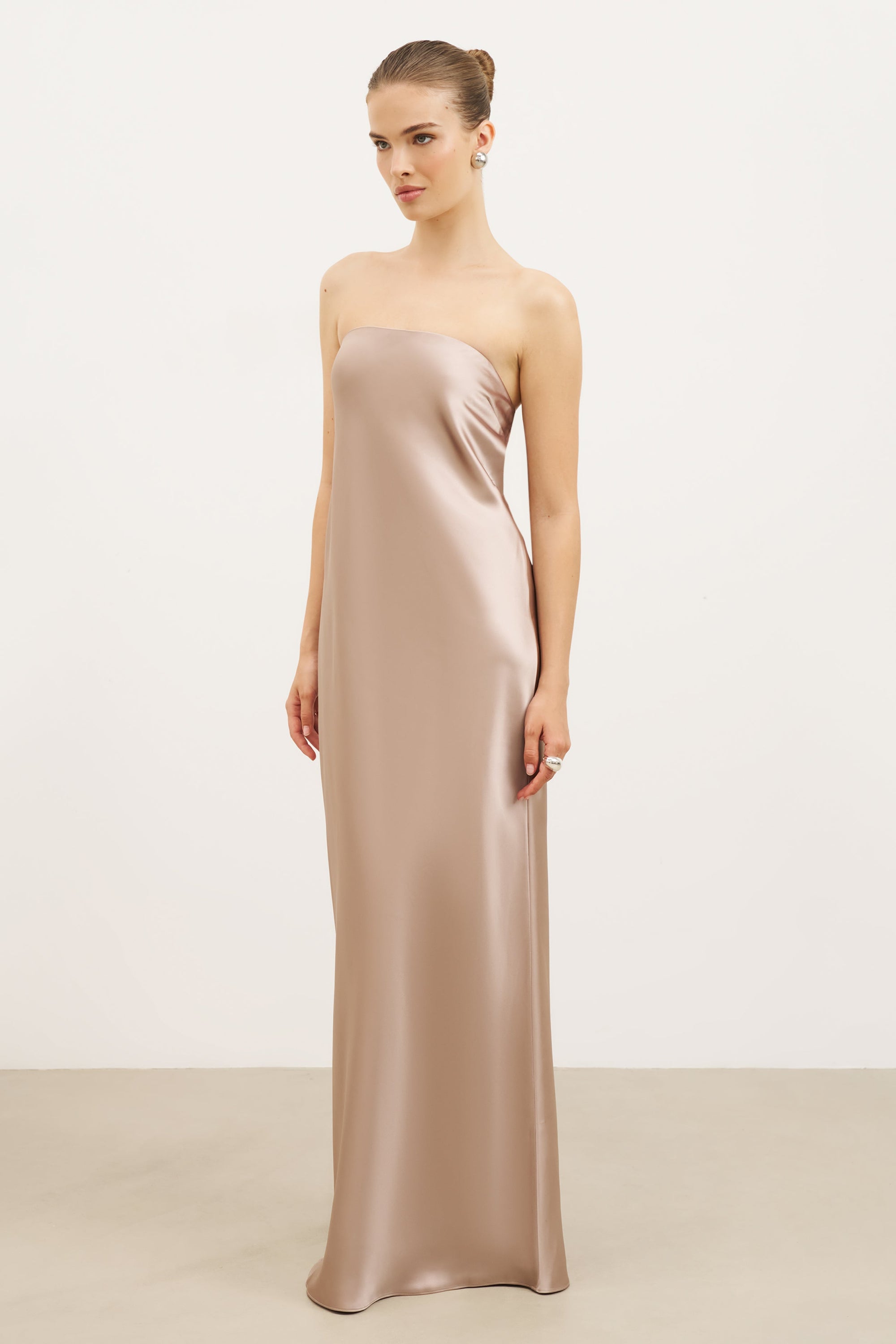 Satin Cowl Back Maxi Dress - Taupe Satin Cowl Back Maxi Dress - Taupe