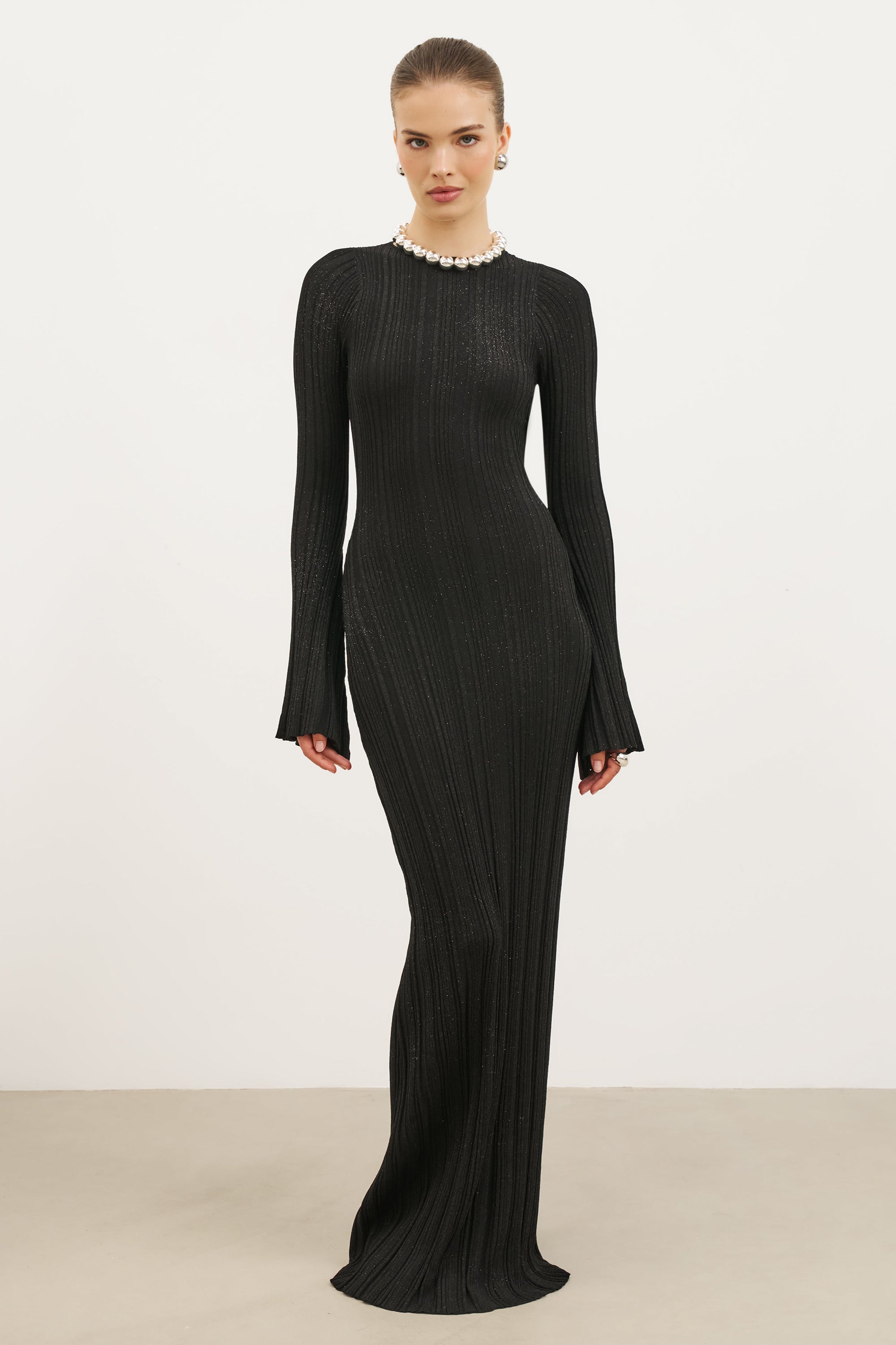 Fine Knit Longsleeve Open Back Maxi Dress - Black Shimmer Fine Knit Longsleeve Open Back Maxi Dress - Black Shimmer