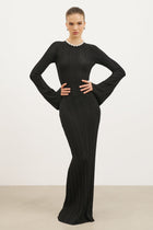 Fine Knit Longsleeve Open Back Maxi Dress - Black Shimmer