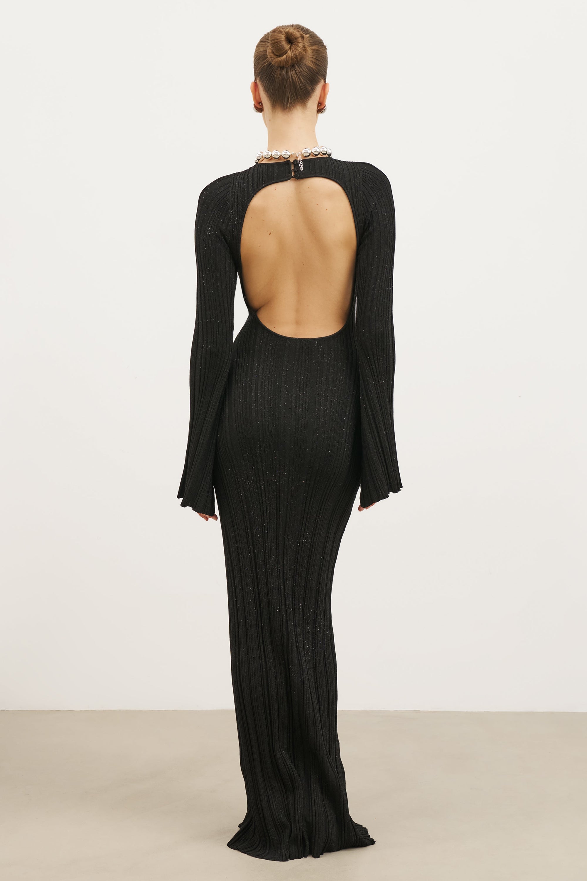 Fine Knit Longsleeve Open Back Maxi Dress - Black Shimmer Fine Knit Longsleeve Open Back Maxi Dress - Black Shimmer