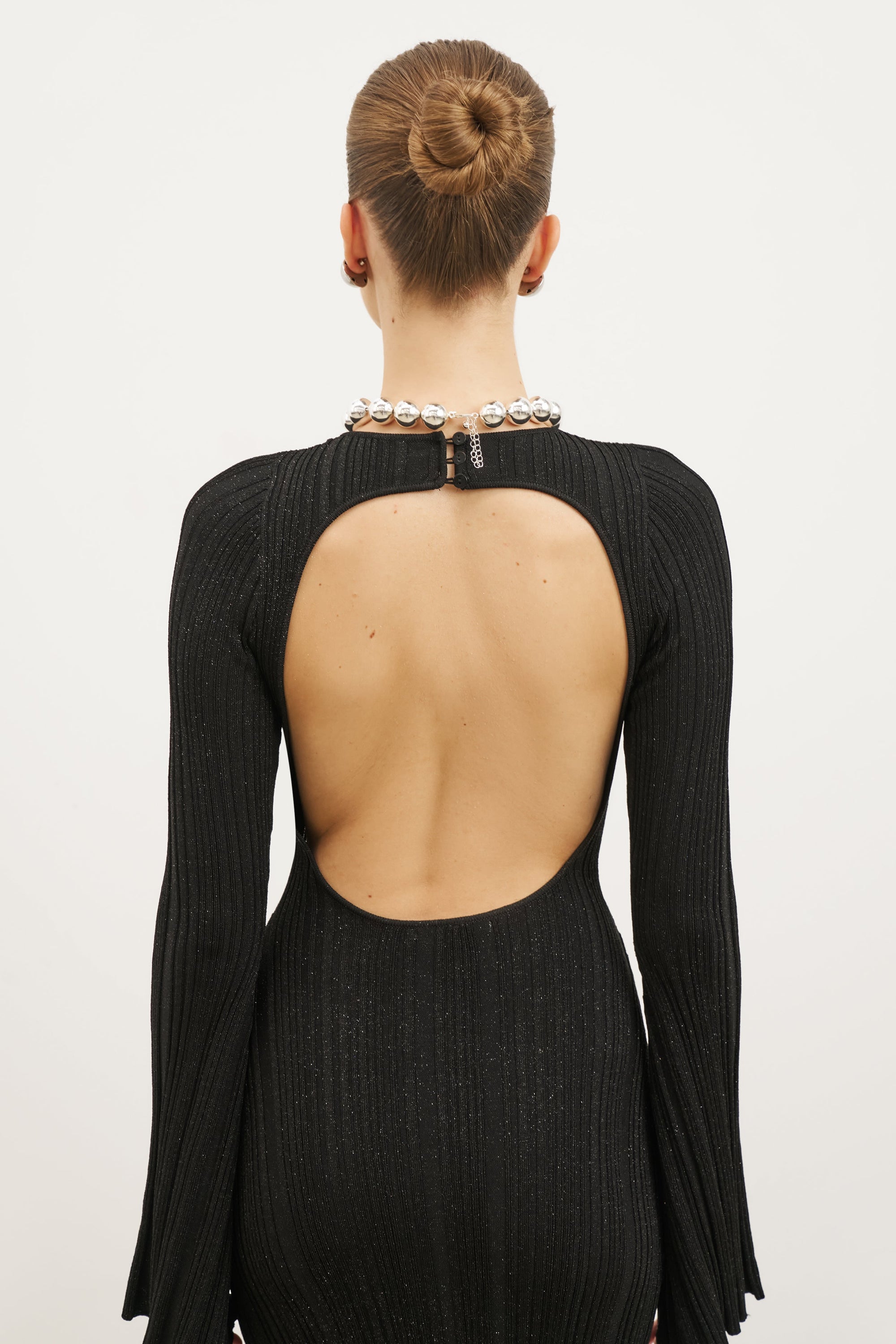 Fine Knit Longsleeve Open Back Maxi Dress - Black Shimmer | BOA Fine Knit Longsleeve Open Back Maxi Dress - Black Shimmer | BOA