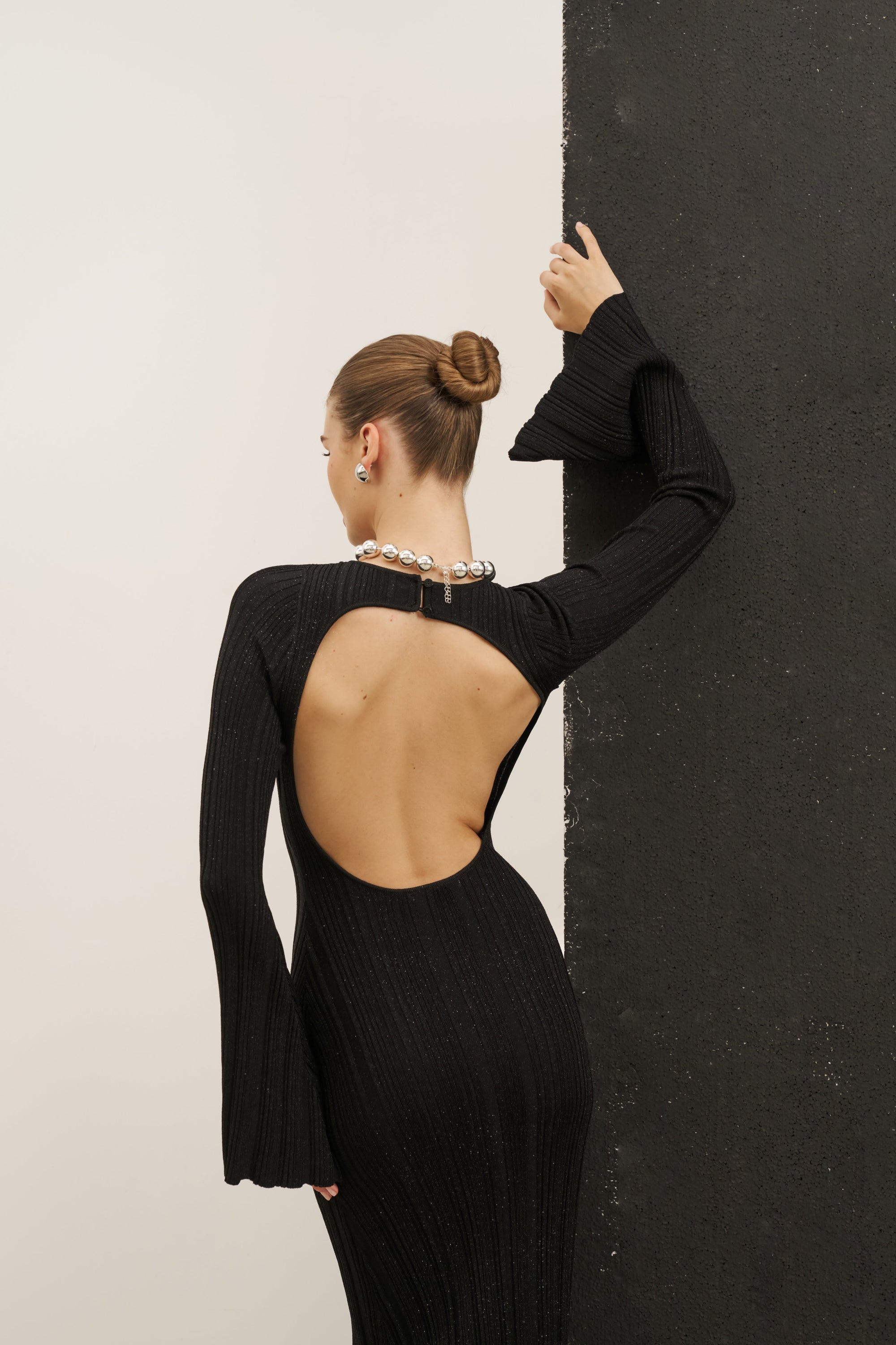 Fine Knit Longsleeve Open Back Maxi Dress - Black Shimmer | BOA Fine Knit Longsleeve Open Back Maxi Dress - Black Shimmer | BOA