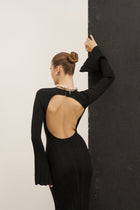 Fine Knit Longsleeve Open Back Maxi Dress - Black Shimmer