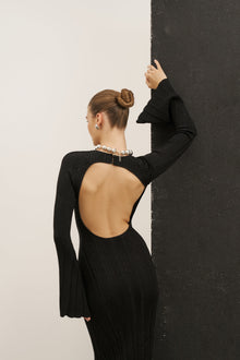 Fine Knit Longsleeve Open Back Maxi Dress - Black Shimmer