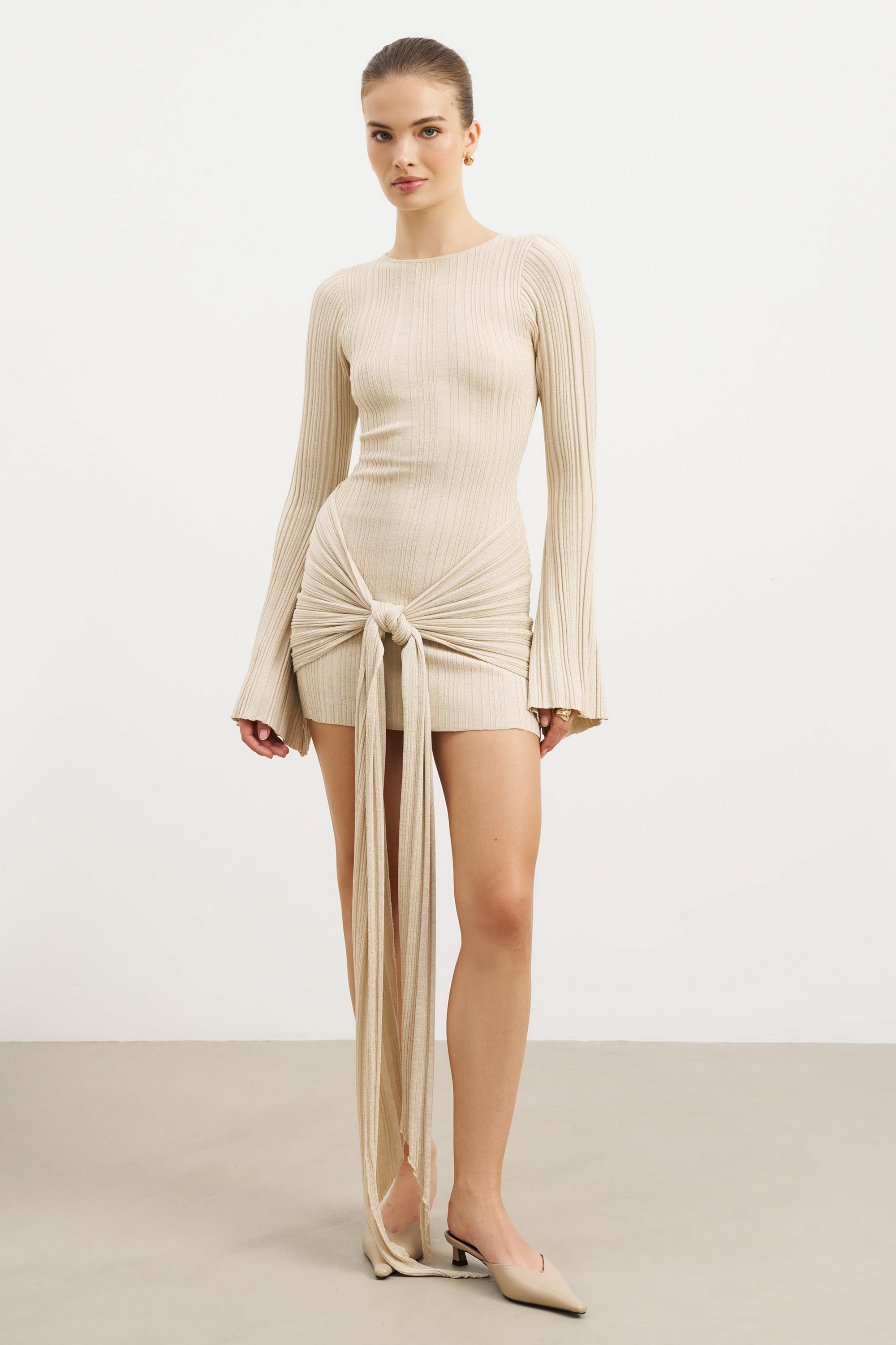 Fine Knit Gathered Longsleeve Mini Dress - Champagne Shimmer Fine Knit Gathered Longsleeve Mini Dress - Champagne Shimmer