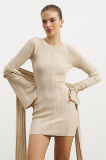 Fine Knit Gathered Longsleeve Mini Dress - Champagne Shimmer