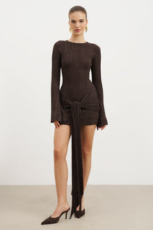 Fine Knit Gathered Longsleeve Mini Dress - Carob Shimmer