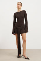 Fine Knit Gathered Longsleeve Mini Dress - Carob Shimmer