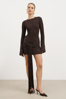Fine Knit Gathered Longsleeve Mini Dress - Carob Shimmer