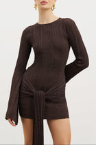 Fine Knit Gathered Longsleeve Mini Dress - Carob Shimmer
