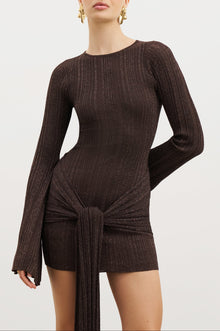 Fine Knit Gathered Longsleeve Mini Dress - Carob Shimmer