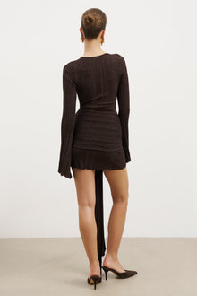 Fine Knit Gathered Longsleeve Mini Dress - Carob Shimmer