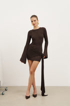Fine Knit Gathered Longsleeve Mini Dress - Carob Shimmer