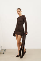 Fine Knit Gathered Longsleeve Mini Dress - Carob Shimmer