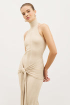 Fine Knit Gathered Halter Neck Maxi Dress - Champagne Shimmer