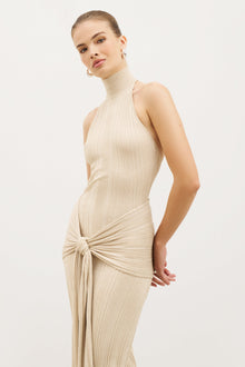 Fine Knit Gathered Halter Neck Maxi Dress - Champagne Shimmer