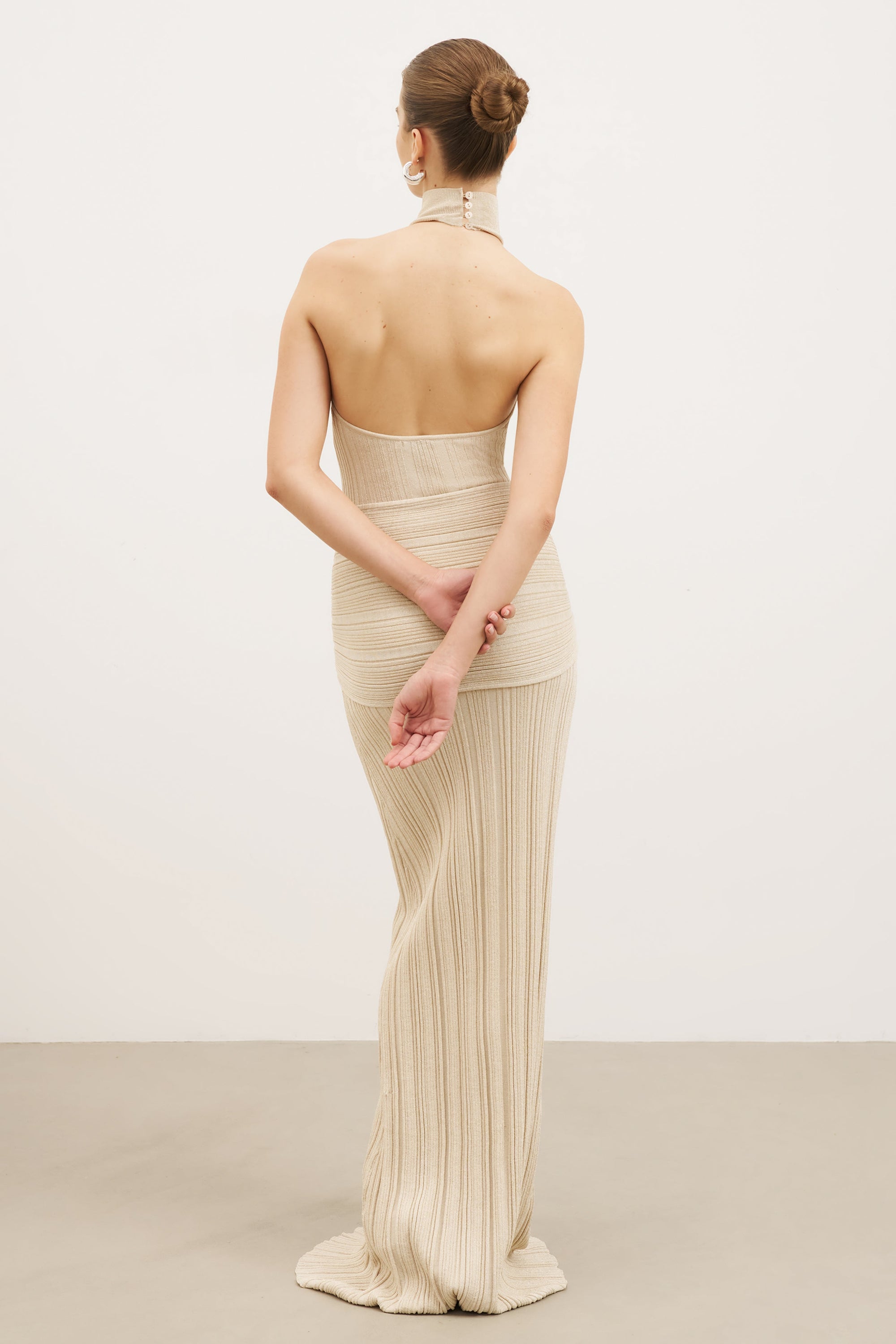 Fine Knit Gathered Halter Neck Maxi Dress - Champagne Shimmer | BOA Fine Knit Gathered Halter Neck Maxi Dress - Champagne Shimmer | BOA
