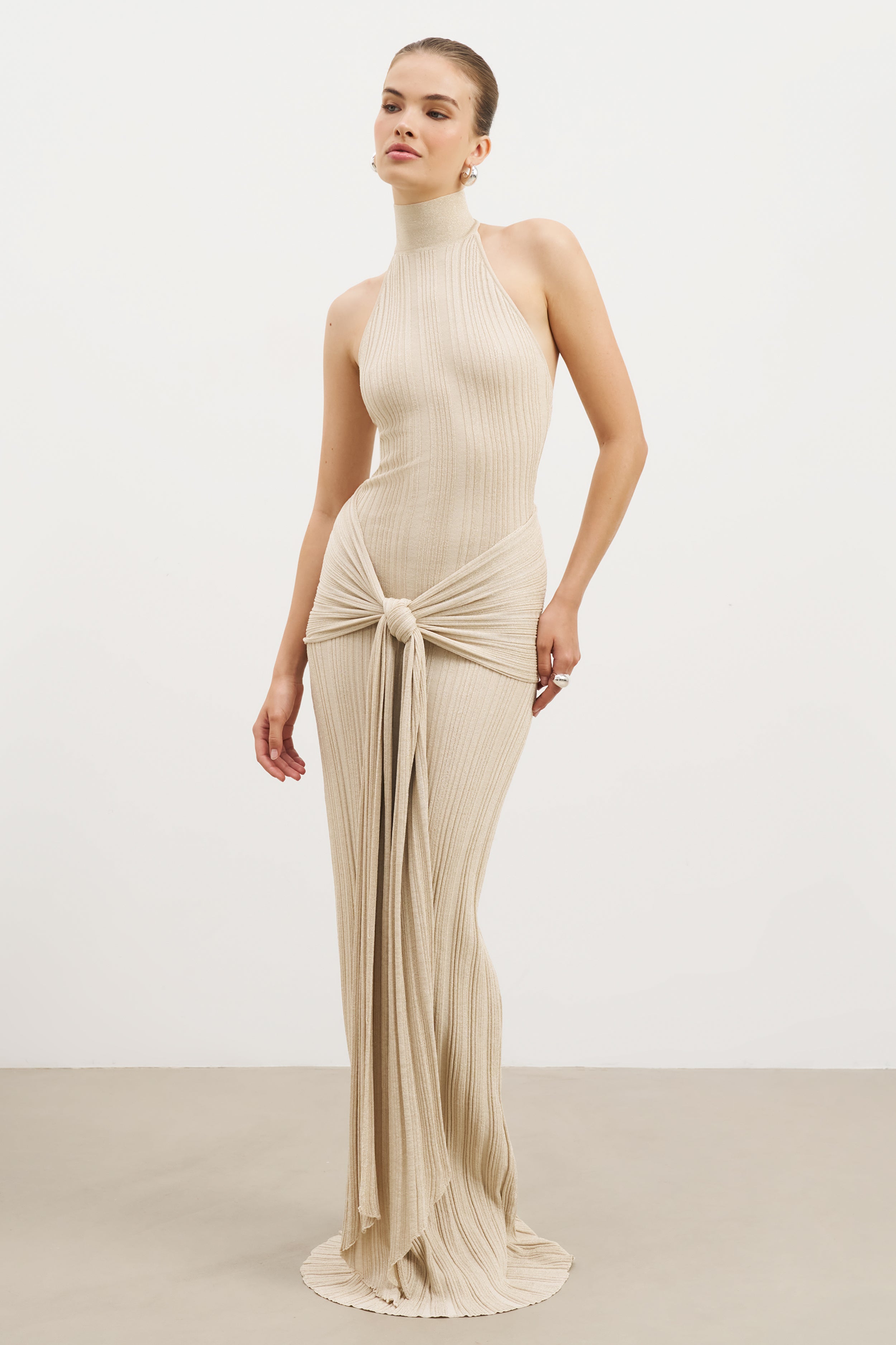 Fine Knit Gathered Halter Neck Maxi Dress - Champagne