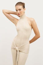 Fine Knit Gathered Halter Neck Maxi Dress - Champagne Shimmer