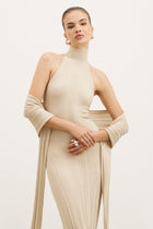 Fine Knit Gathered Halter Neck Maxi Dress - Champagne Shimmer