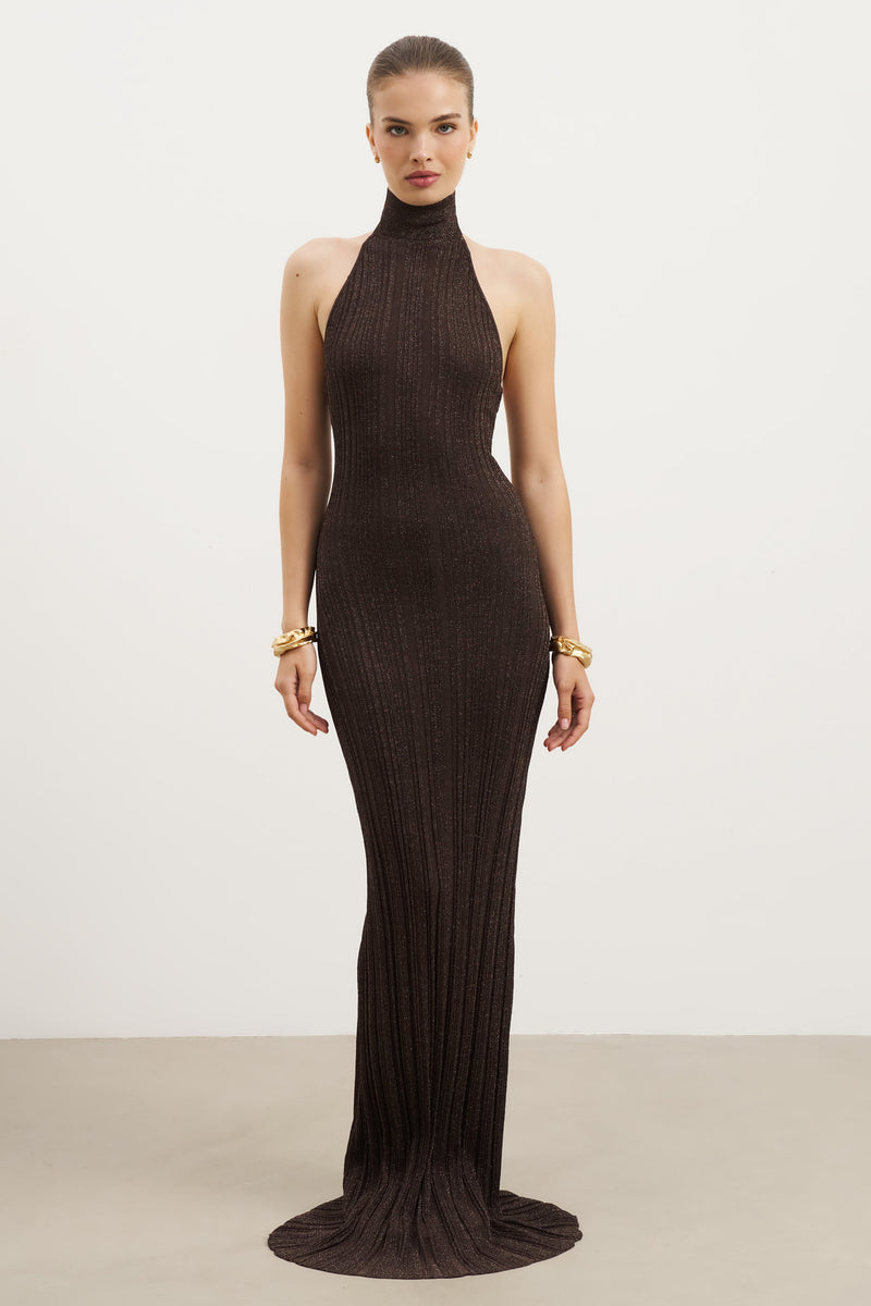 Fine Knit Gathered Halter Neck Maxi Dress - Carob Shimmer