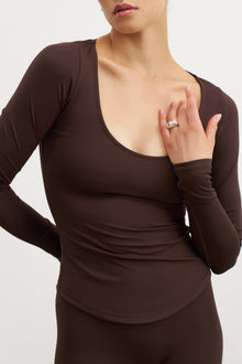 Base Sculpting Scoop Neck Long Sleeve Top - Carob
