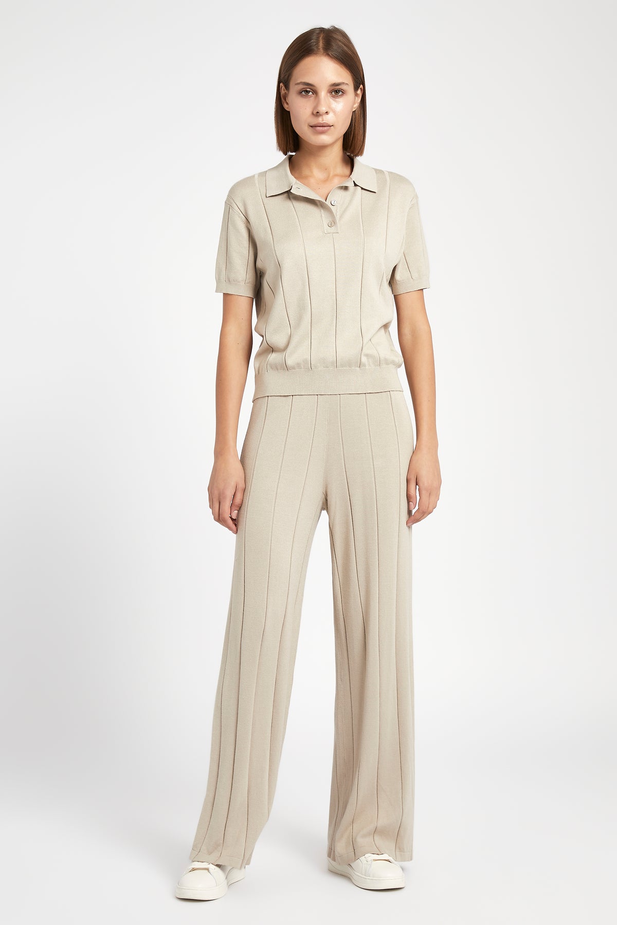 Ribbed Knit Wide Leg Trousers - Stone