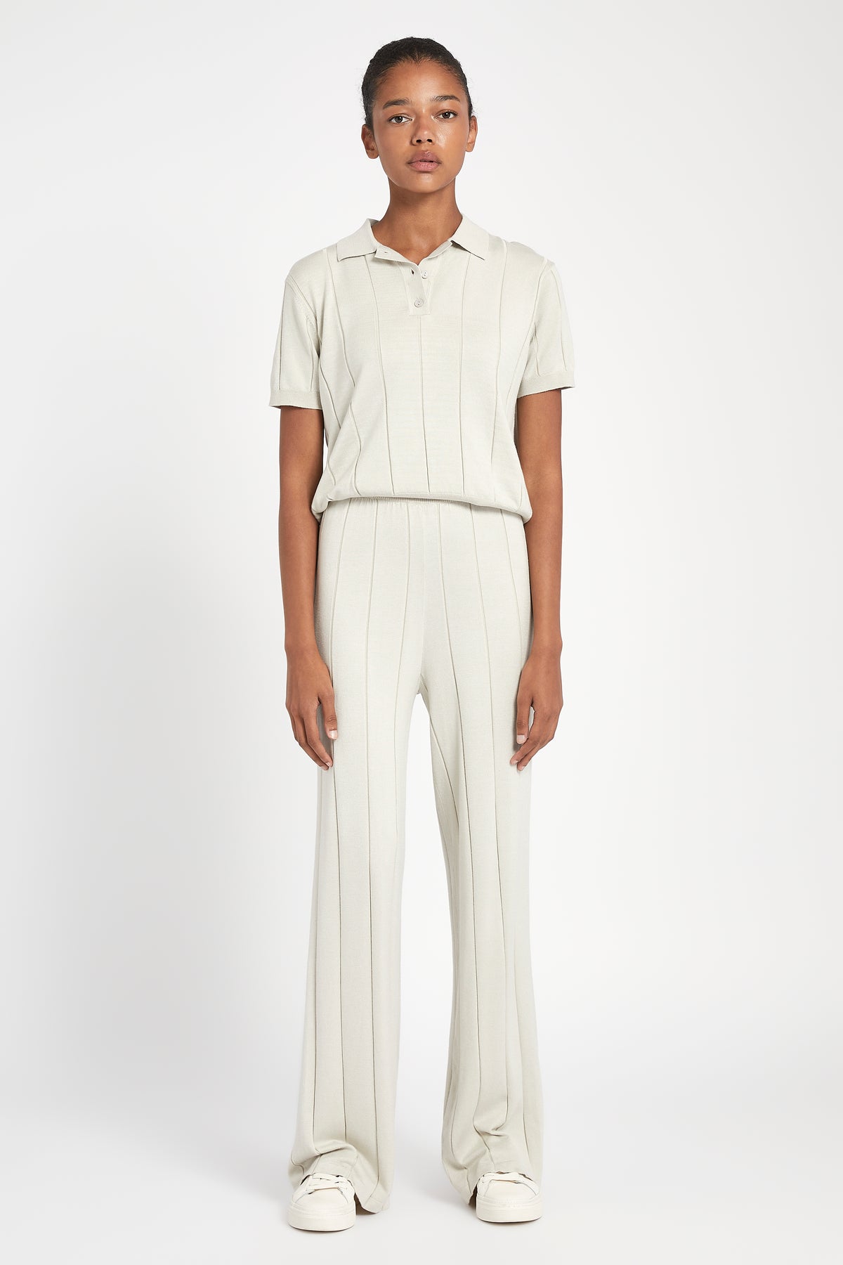 Ribbed Knit Wide Leg Trousers - Oyster