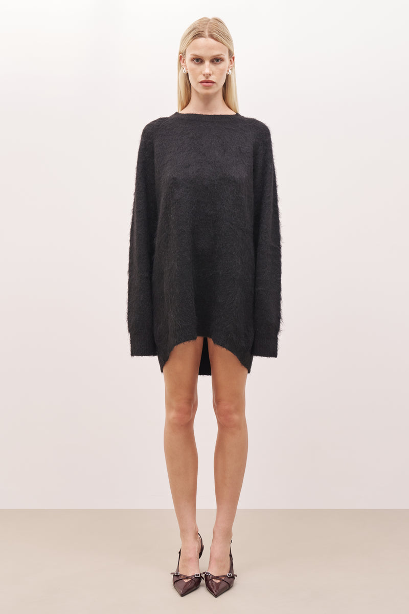 Soft Brushed Crew Neck Jumper Dress - Black