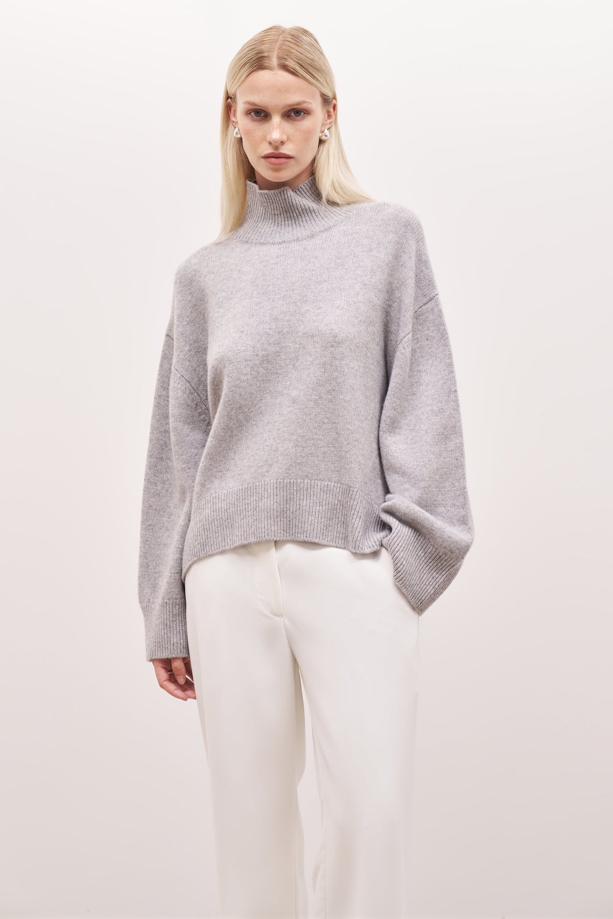 Relaxed High Neck Cashmere Blend Jumper Grey Marl