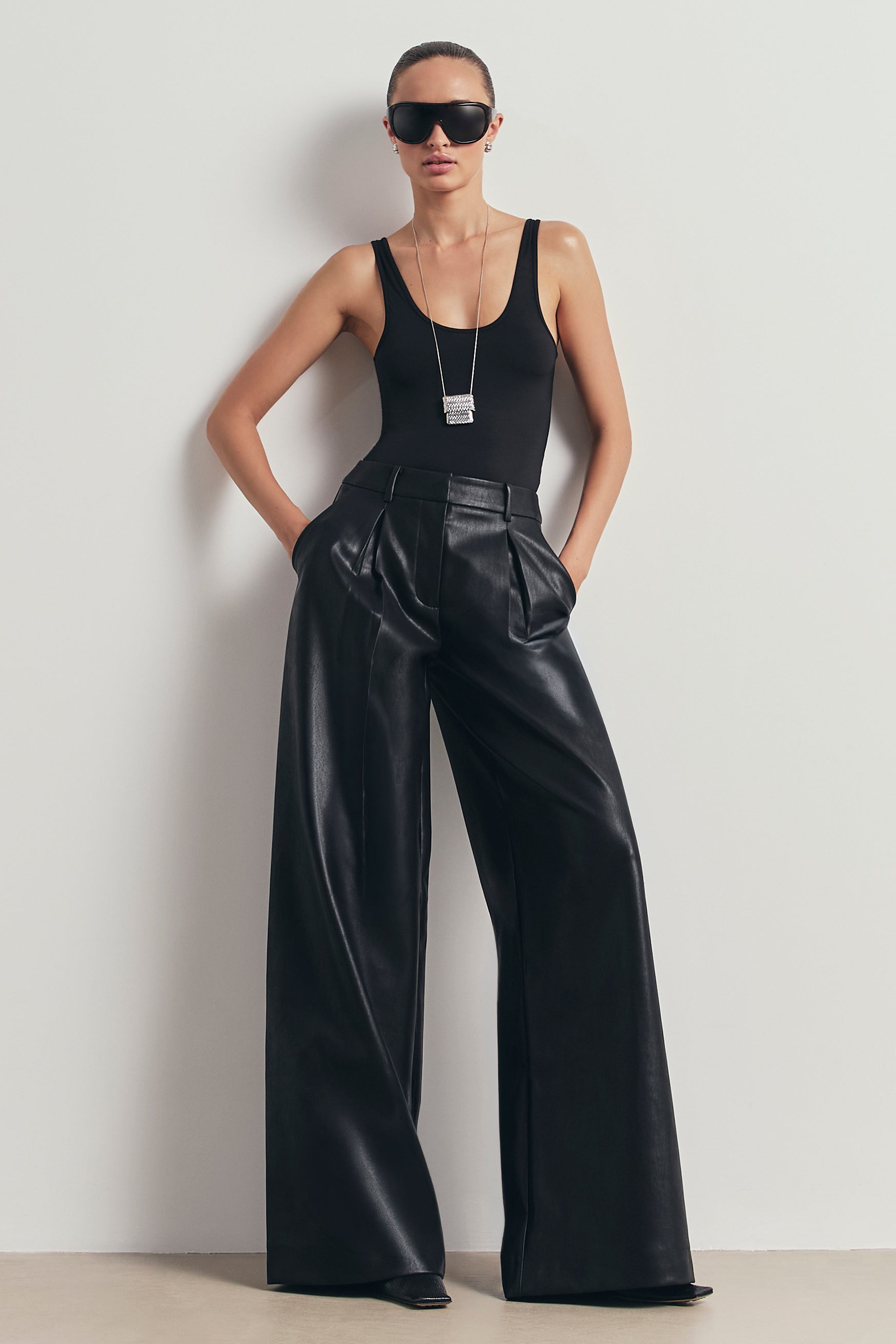 Leather Box Pleat Wide Leg Trousers - Black