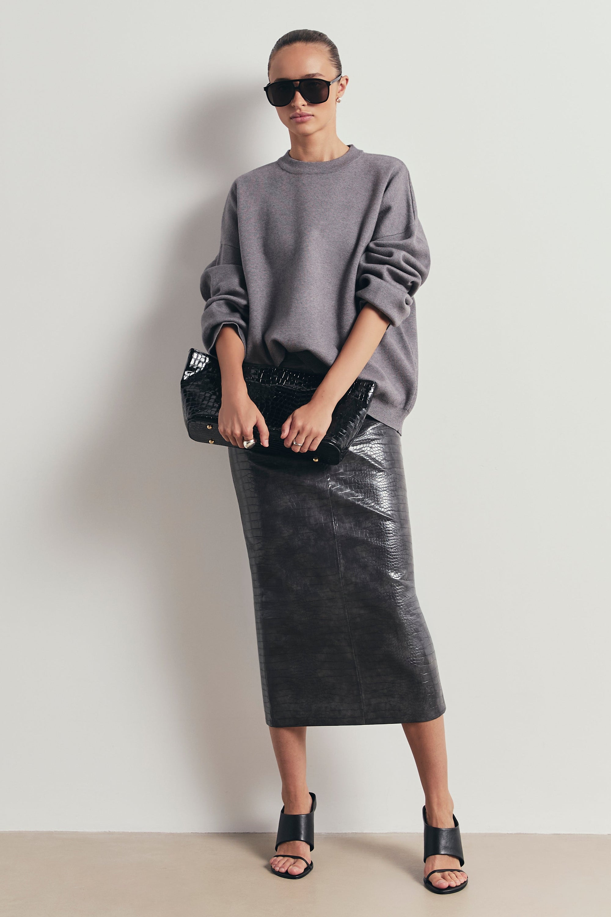 Croc Embossed Leather Tailored Maxi Skirt - Slate