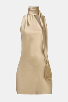 Satin Halterneck Scarf Mini Dress with Tassel - Bronze