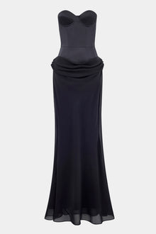 Satin Corset Gown with Draped Hip - Black