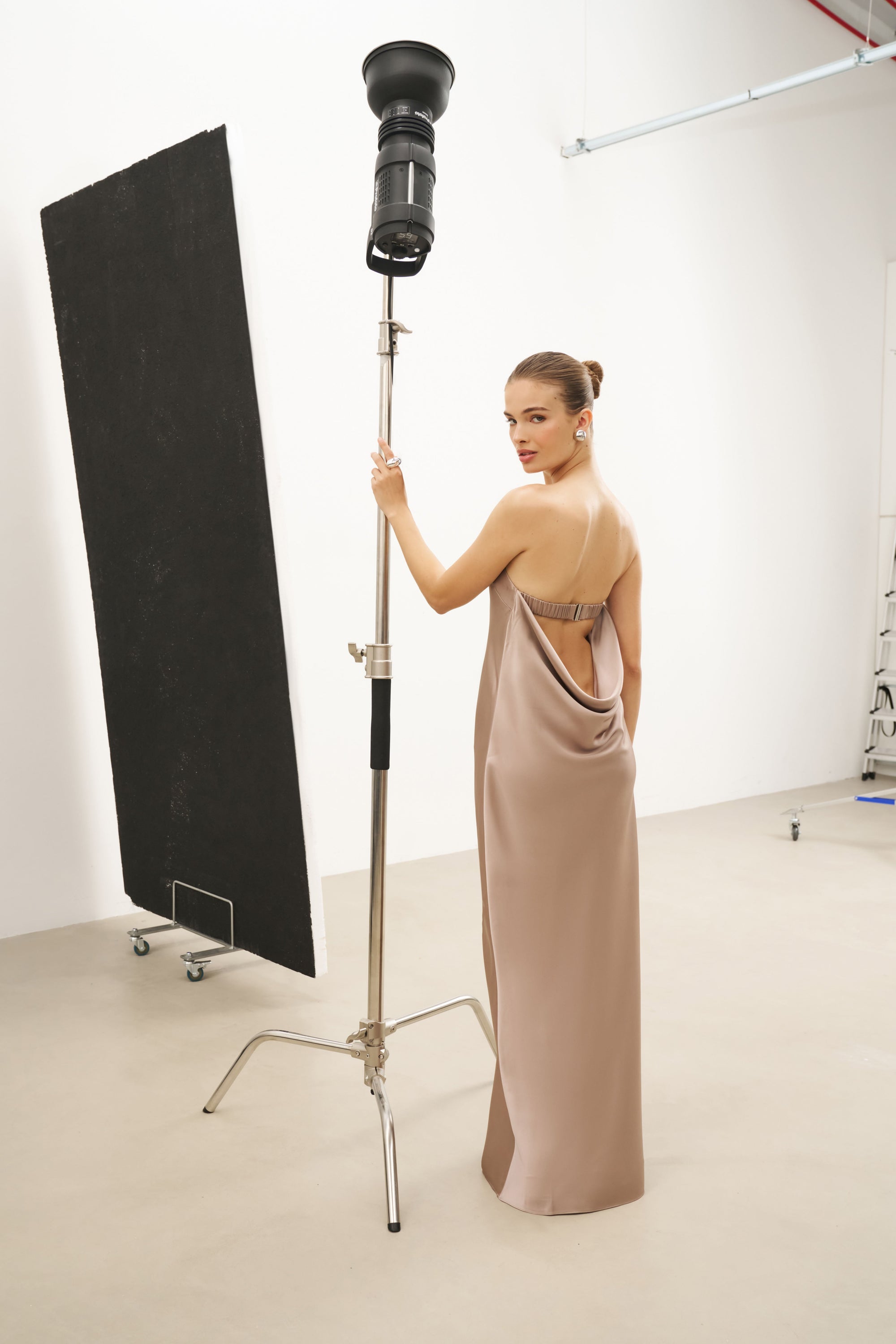 Satin Cowl Back Maxi Dress - Taupe