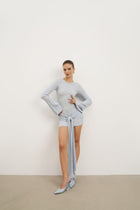 Fine Knit Gathered Longsleeve Mini Dress - Powder Blue Shimmer