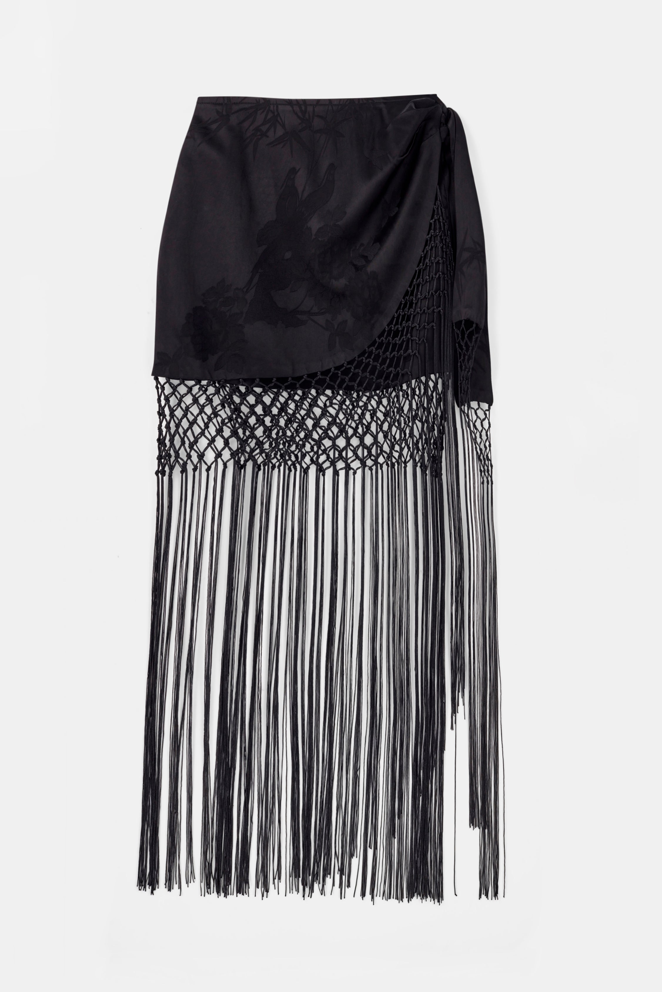 Satin Jacquard Sarong Midi Skirt with Fringing - Black | BOA