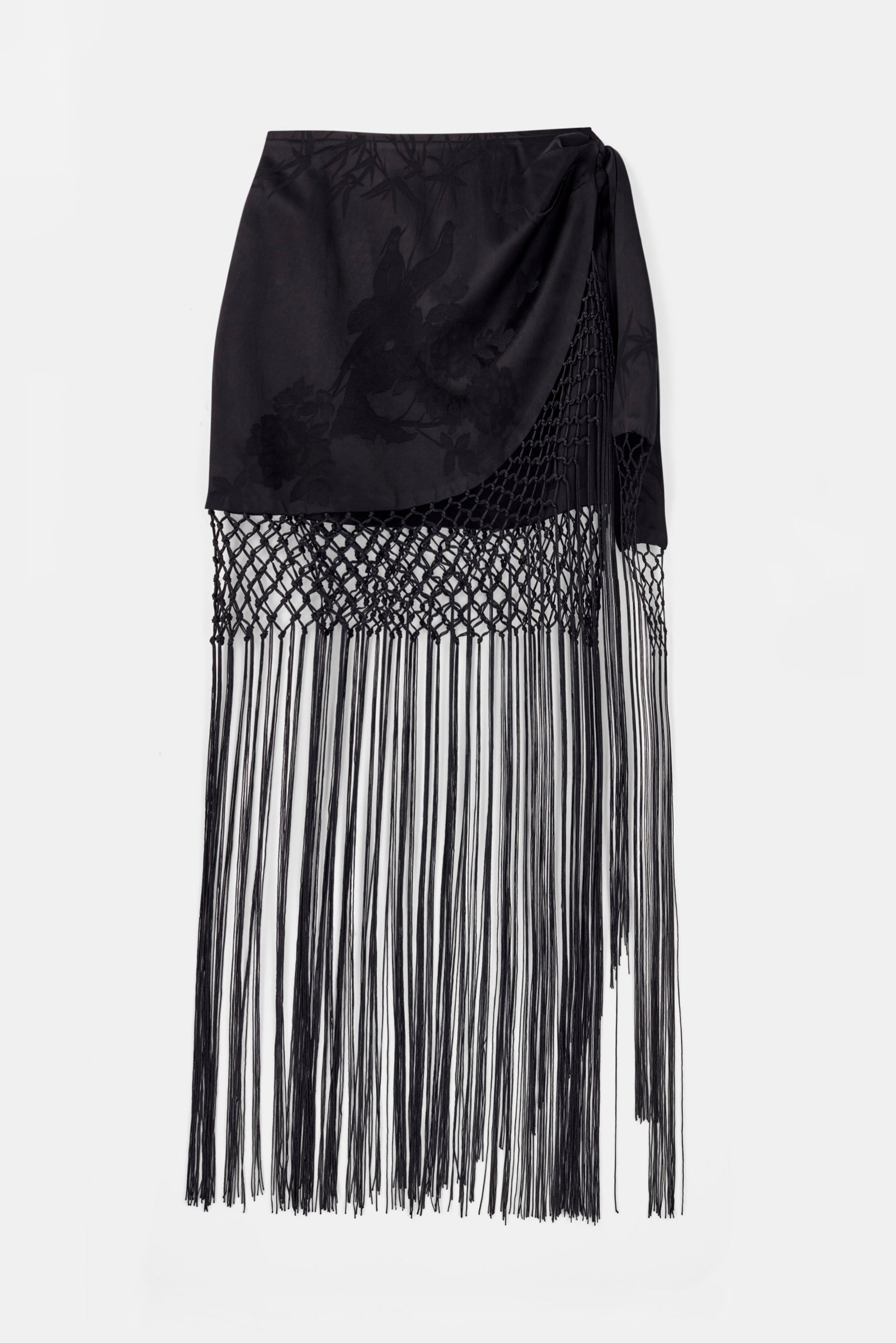 Satin Jacquard Sarong Midi Skirt with Fringing - Black