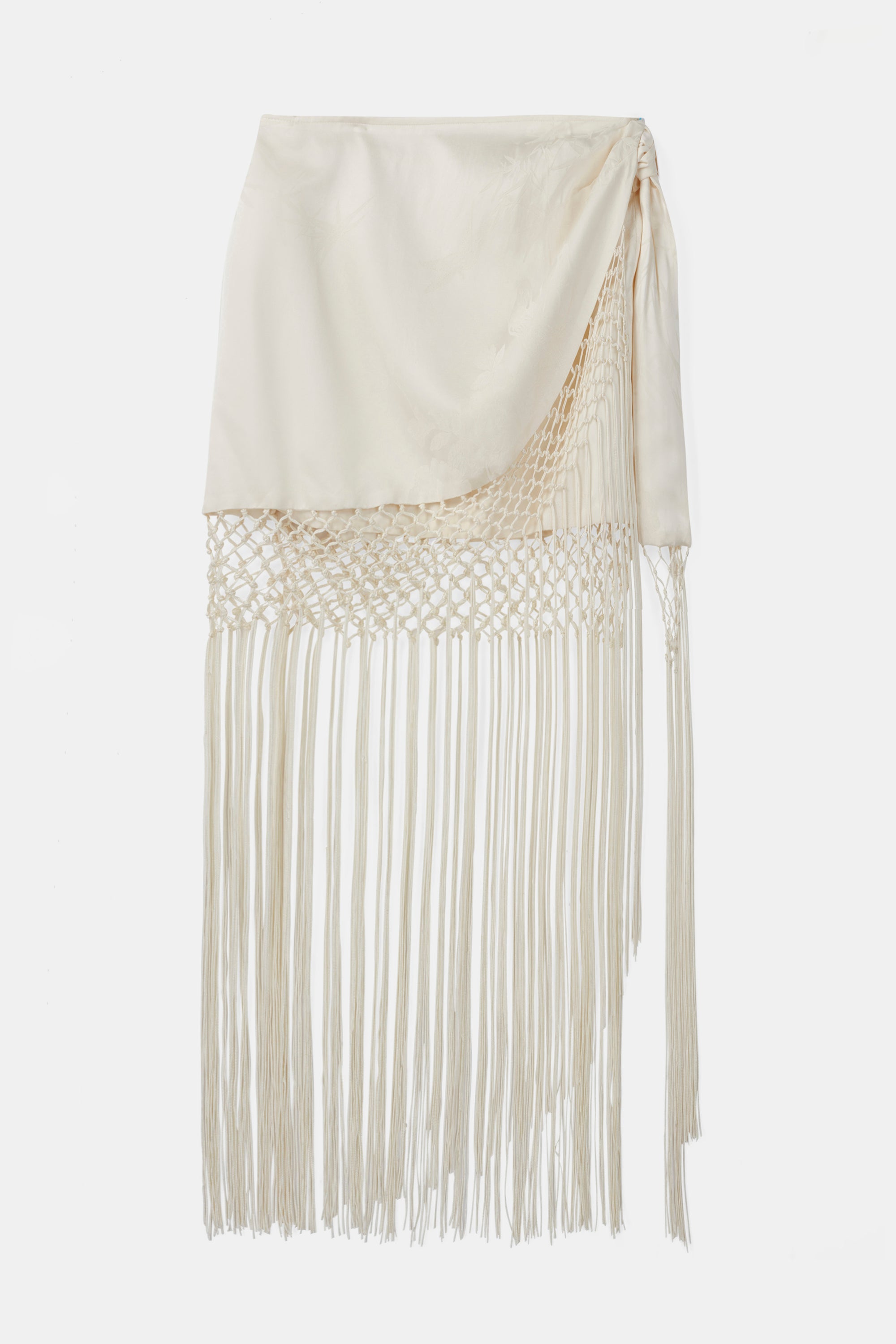 Satin Jacquard Sarong Midi Skirt with Fringing - Cream