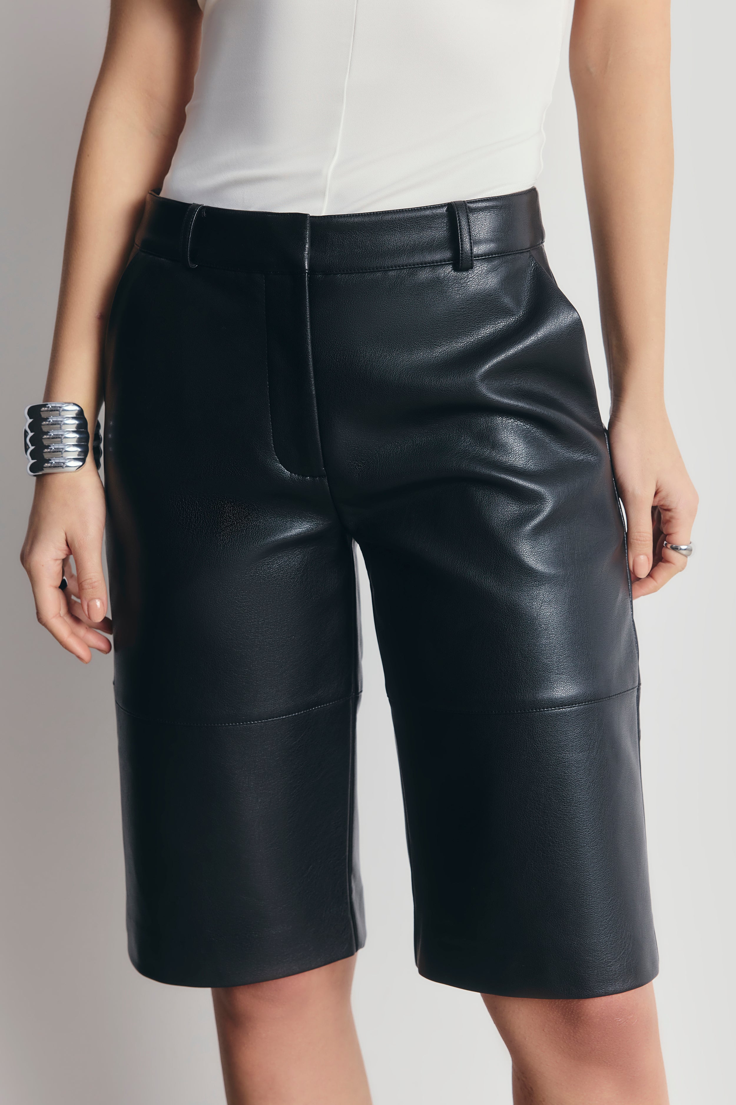 Tailored Leather Longline Shorts - Black