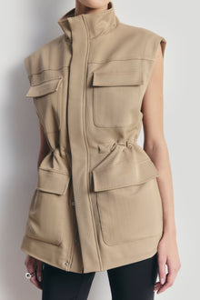 Cotton Sleeveless Utility Vest - Tan