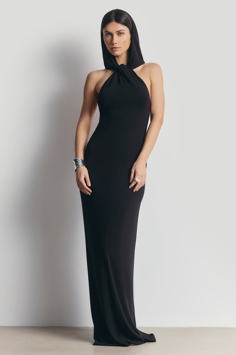 Hooded Halterneck Maxi Dress - Black