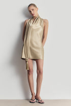Satin Halterneck Scarf Mini Dress with Tassel - Bronze