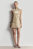 Satin Halterneck Scarf Mini Dress with Tassel - Bronze